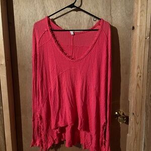 Free People Red Textured V-Neck Long Sleeve